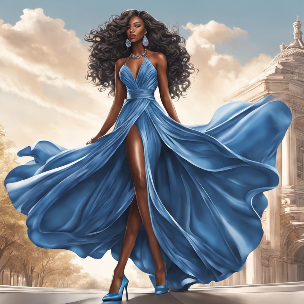 Beautiful black woman, in a stunning blue Promdress, long hair flowing,  blue high heels. - AI Generated Artwork - NightCafe Creator