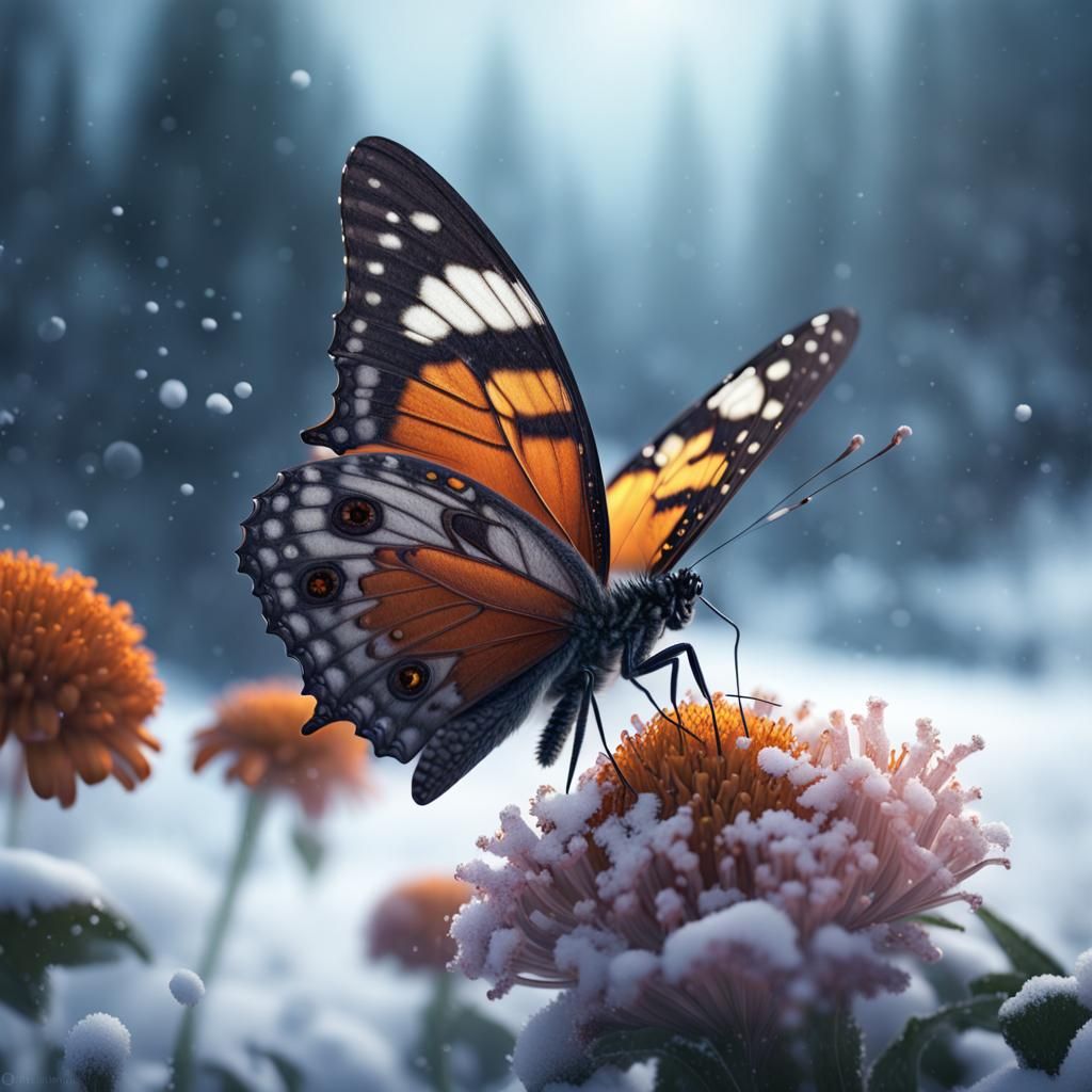 butterfly sitting on a flower in the snow