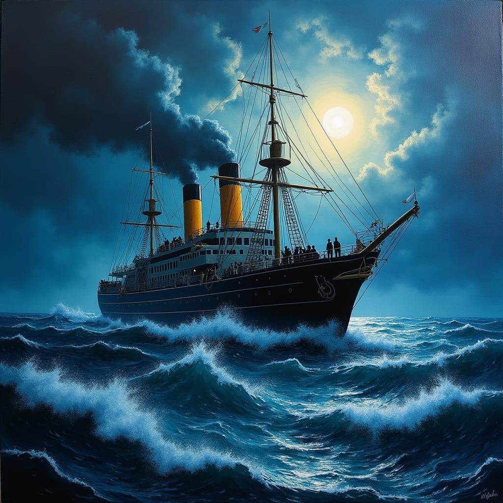 Ship in Stormy Sea: Neo-Impressionist Painting