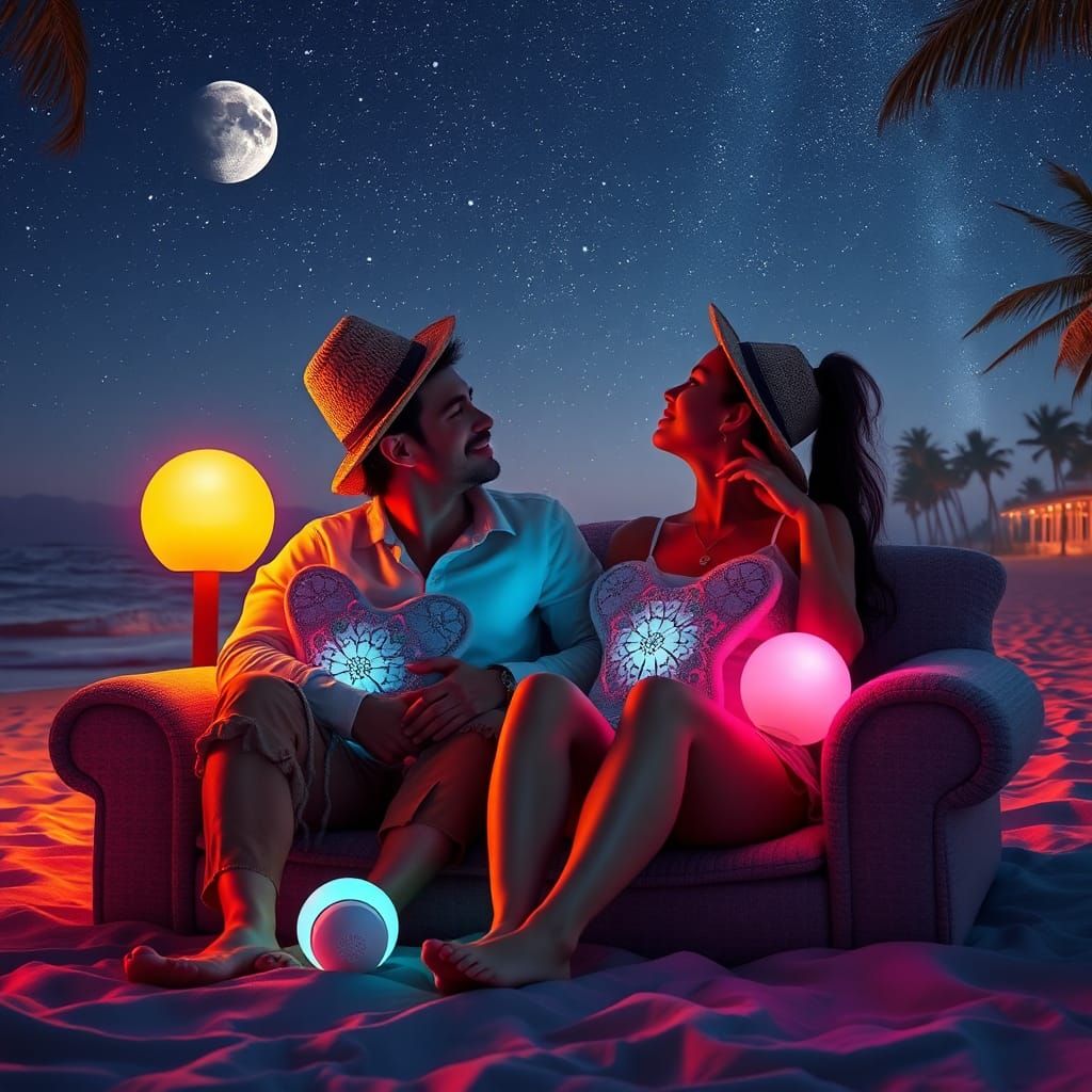 couple sitting on sofa with solar lamp cushions, on a beach ...