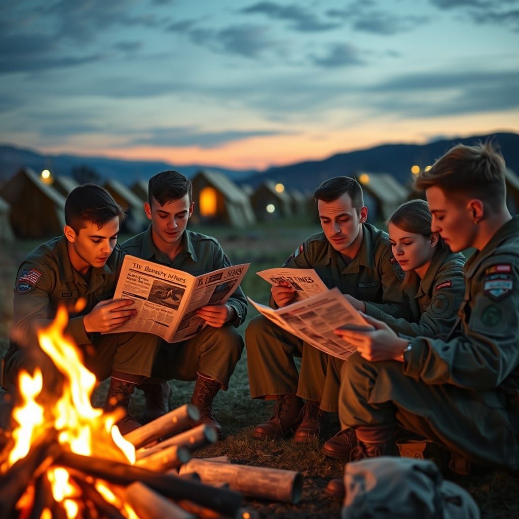 Soldiers Relaxing in Army Camp at Dusk
