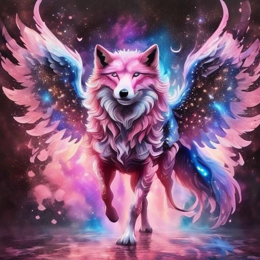 <lora:Fairy Animals:1.0> epic cute adorable ethereal pink winged wolf walking and shimmering over the space, filled with glitter and stars,...