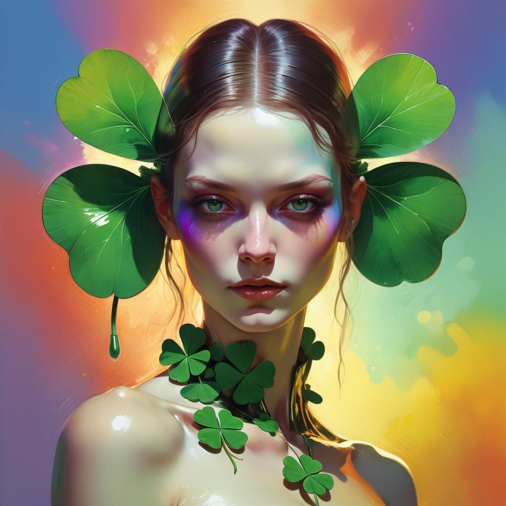 Rainbow Clover Beauty: Digital Art Portrait