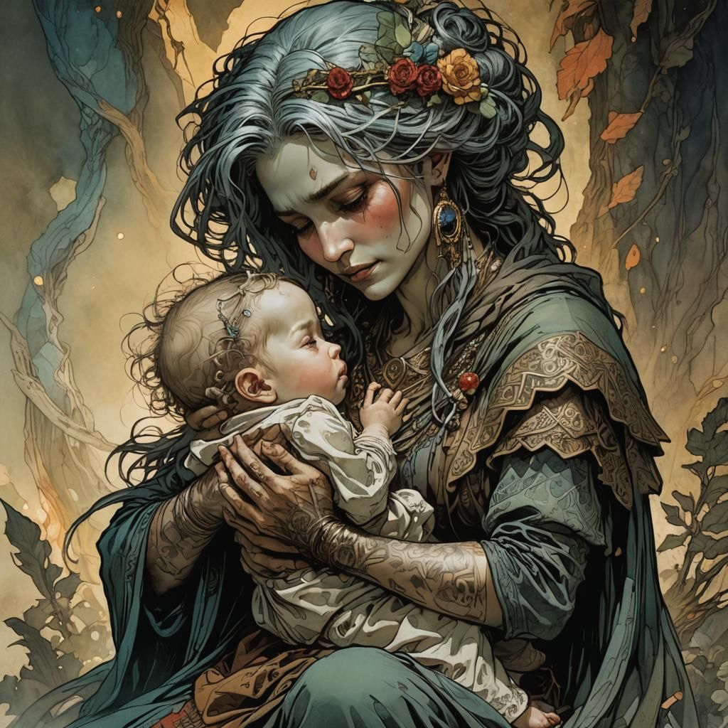 the little baby is comforted by his mother, by Posuka Demizu...