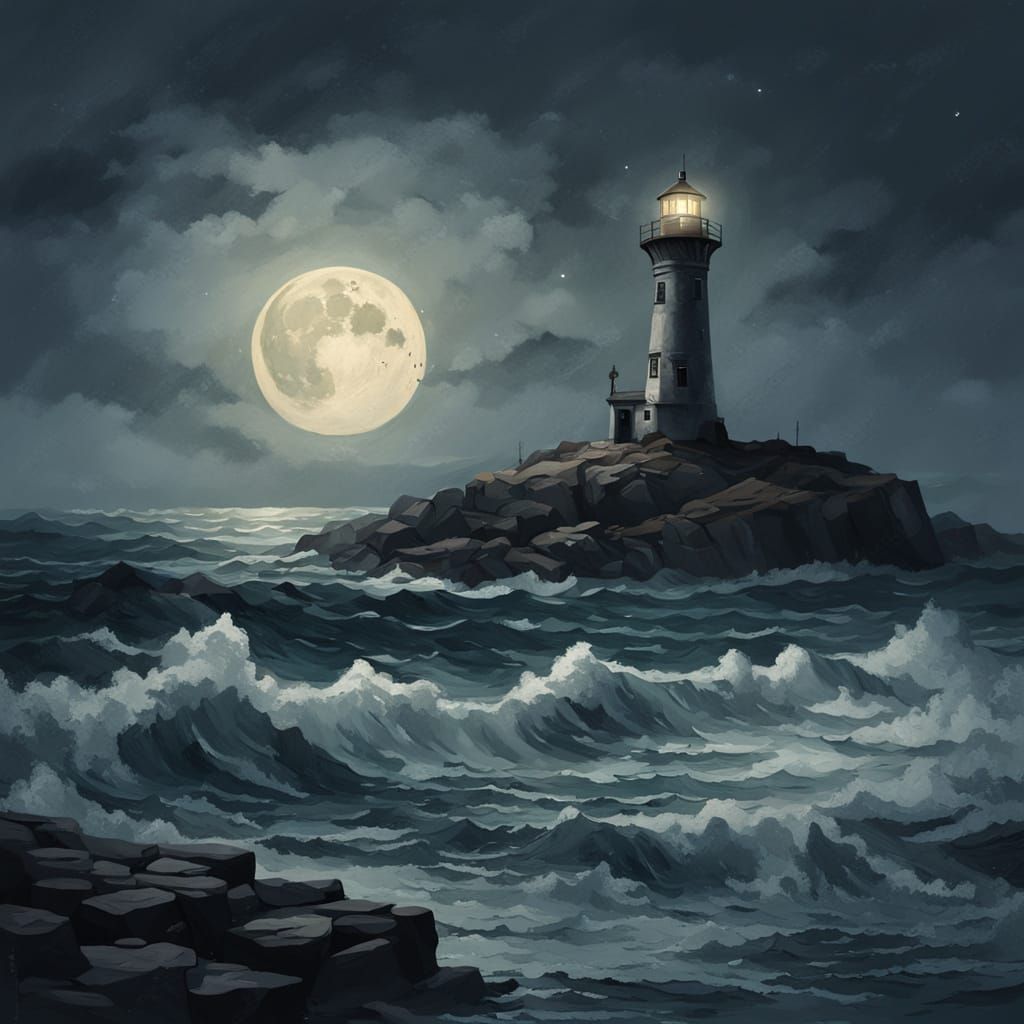 A gloomy oil painting of a lighthouse at night on a small Rocky island surrounded be small crashing waves. The sky is clear and stars can be...