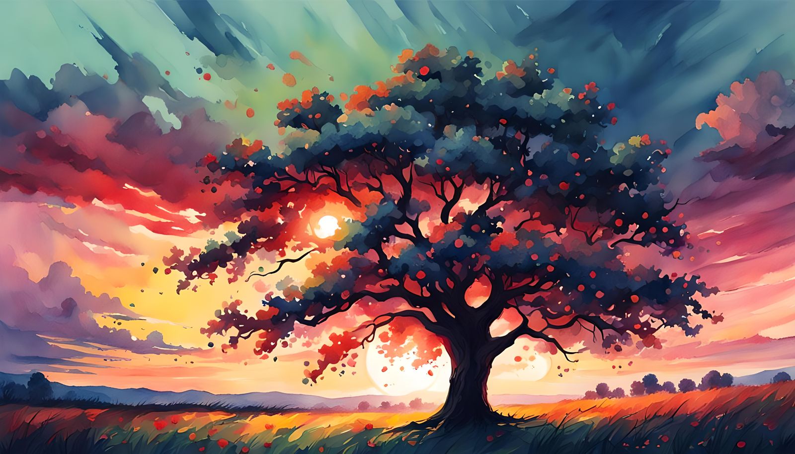 Apple Tree Sunset: Watercolor Field Painting