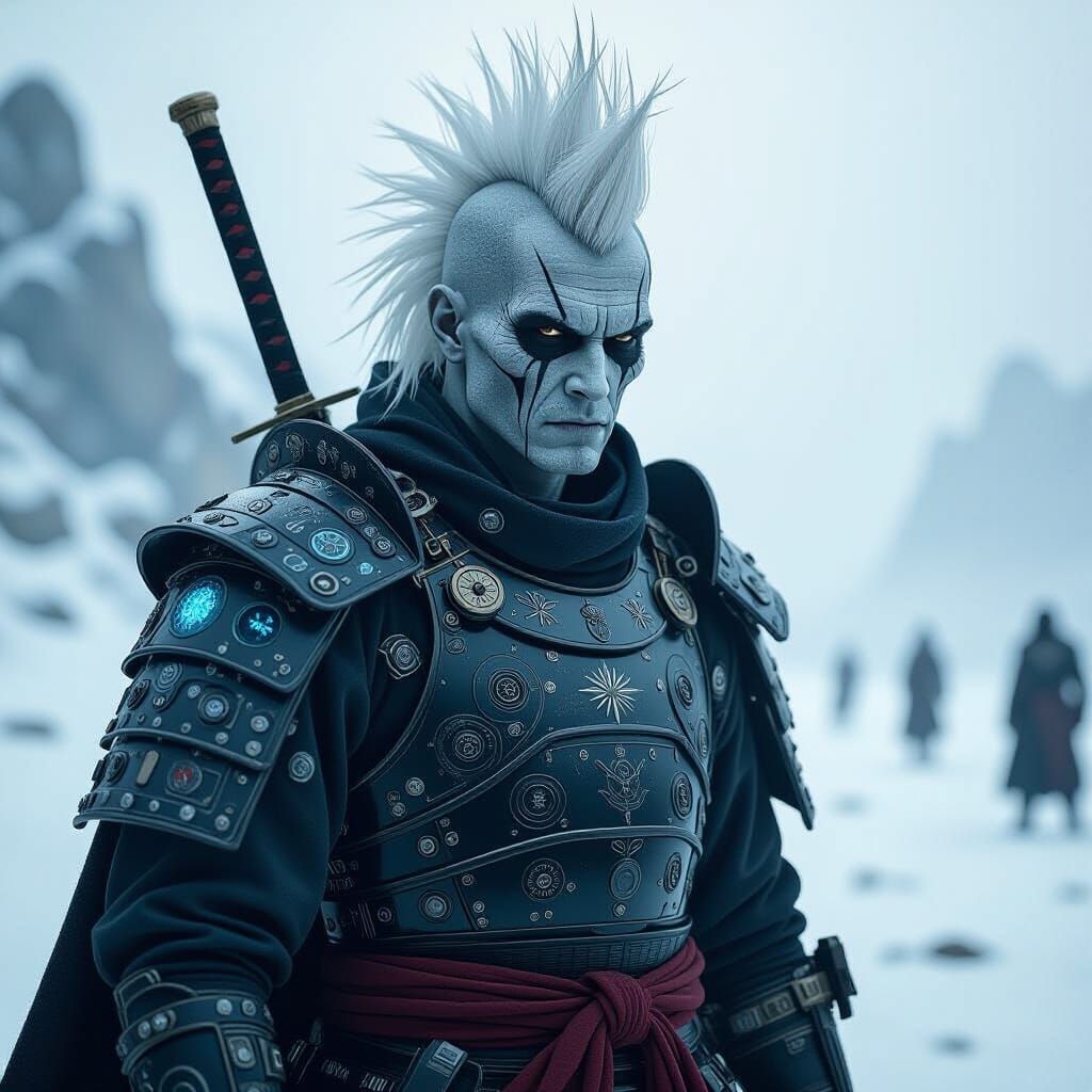 A stoic pug-nosed gray-skinned gaunt samurai warrior with a gravity-defying, snow-white mohawk, standing on a windswept, alien battlefield. ...