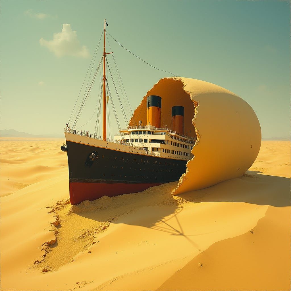 Titanic Ship Sinks into Golden Sand Dunes