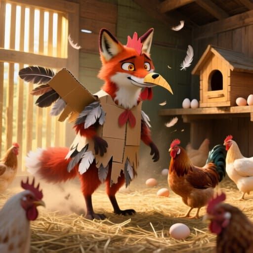 A sly fox wearing a homemade chicken costume made of feathers and cardboard, nervously blending in among clueless hens.
