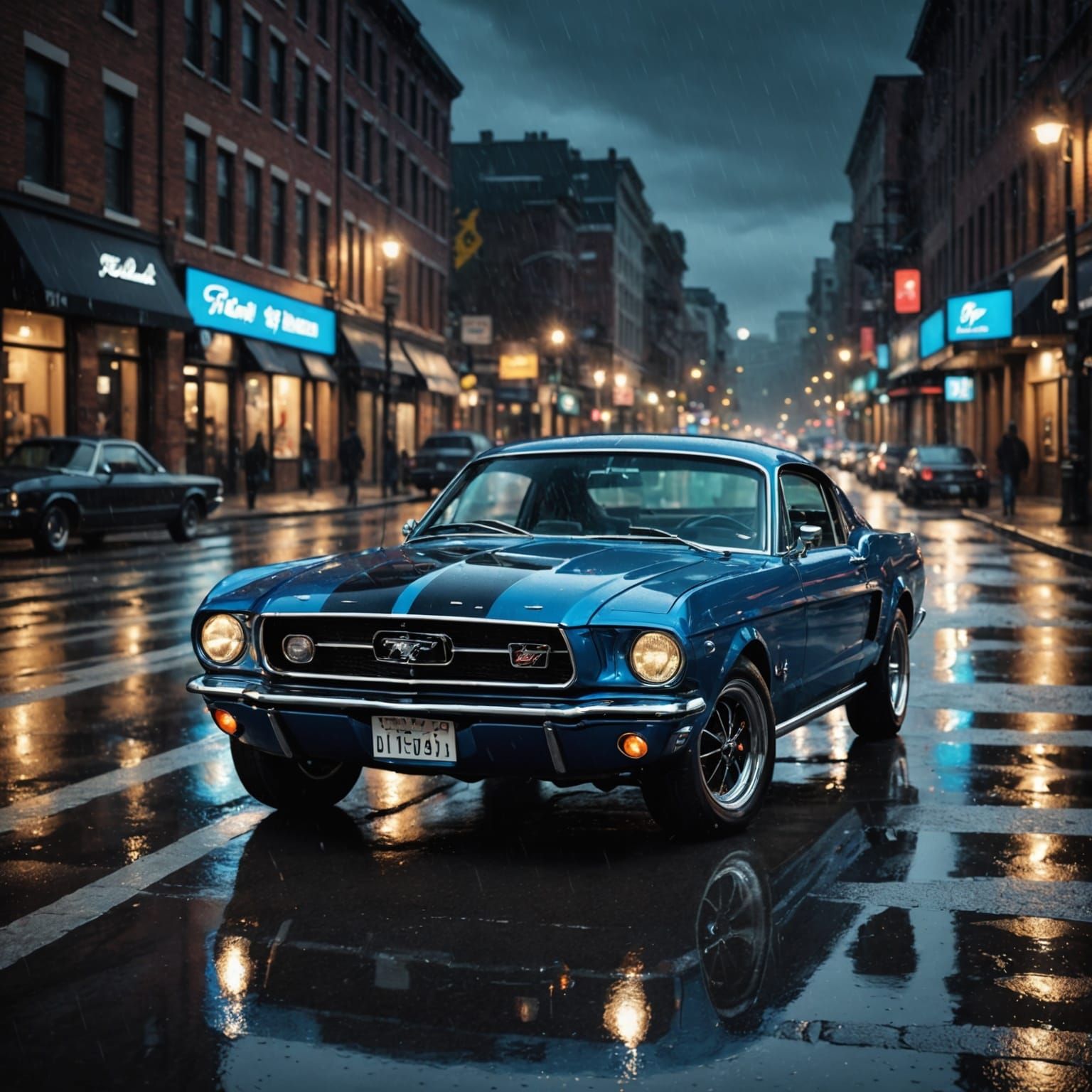 (A classic Ford Mustang, blue and black, hyper-detailed, photorealistic::1.5) driving on a wet, reflective ...  by @GoingJade