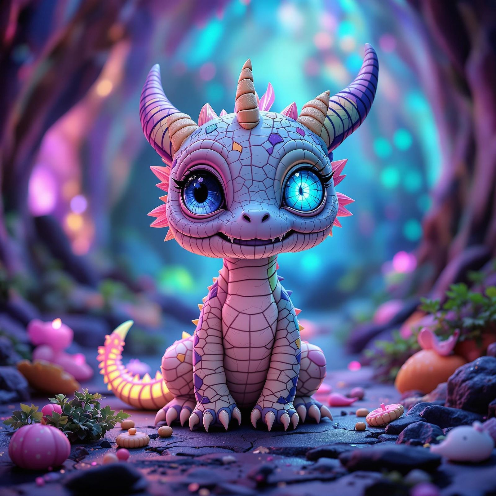 Whimsical Chibi Dragon in a Surreal Carnival Setting