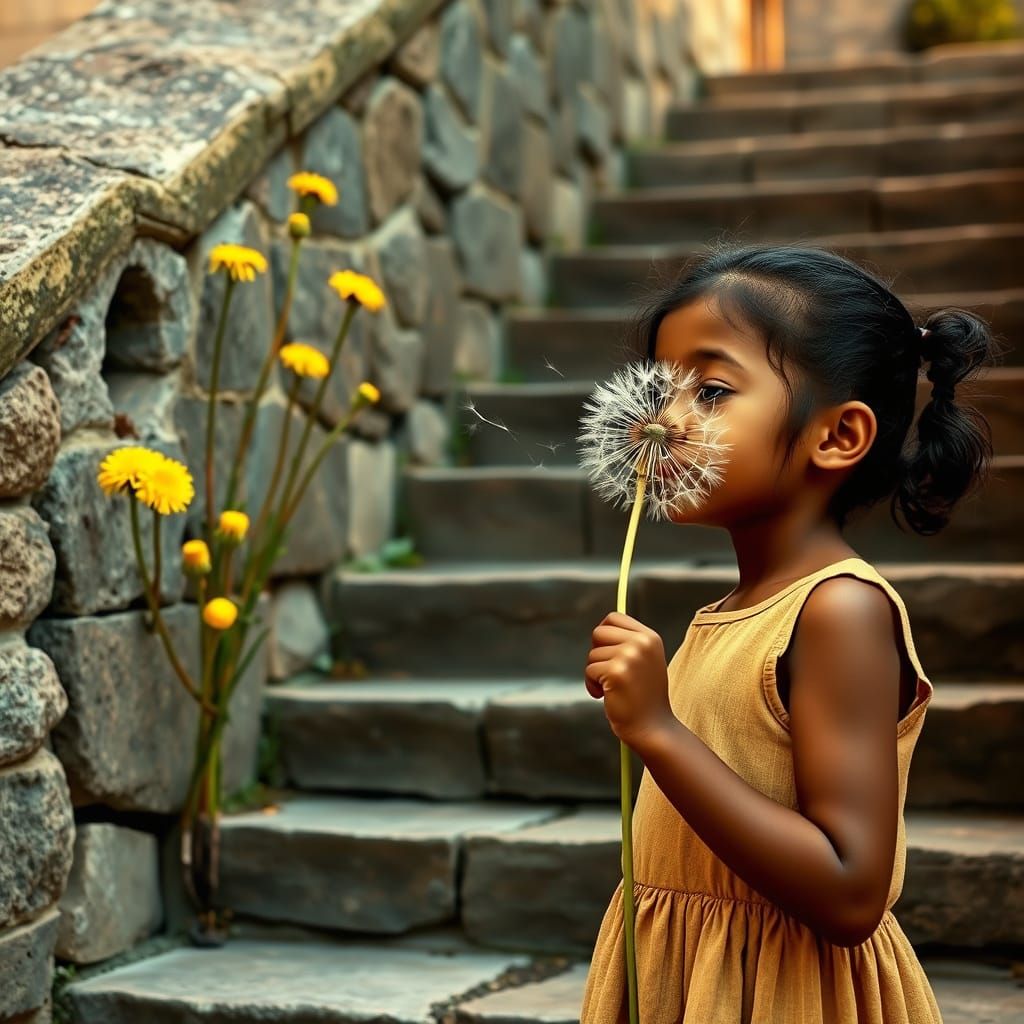 Charming Stone Staircase with Dandelion Girl in Warm Dusk Li...