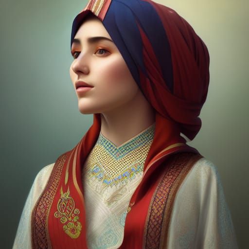 Turkmen Woman In Traditional Attire Hijab
