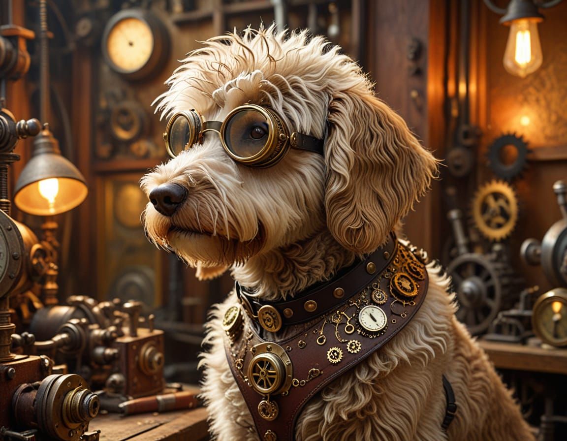 Steampunk Labradoodle.  by @Lorendiac H