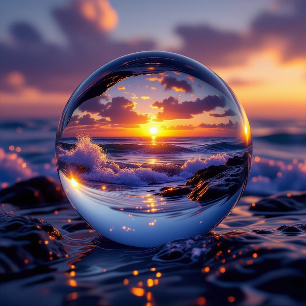 Glass Marble Captures Twilight Coast Scene