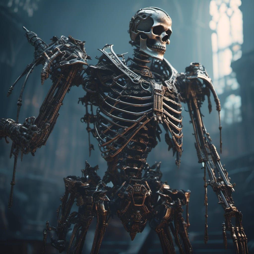 <lora:MiniMacabre:1.0>Robotic skeleton holding a sword, intricate mech details, ground level shot, 8K resolution, Cinema 4D, Behance HD, pol...