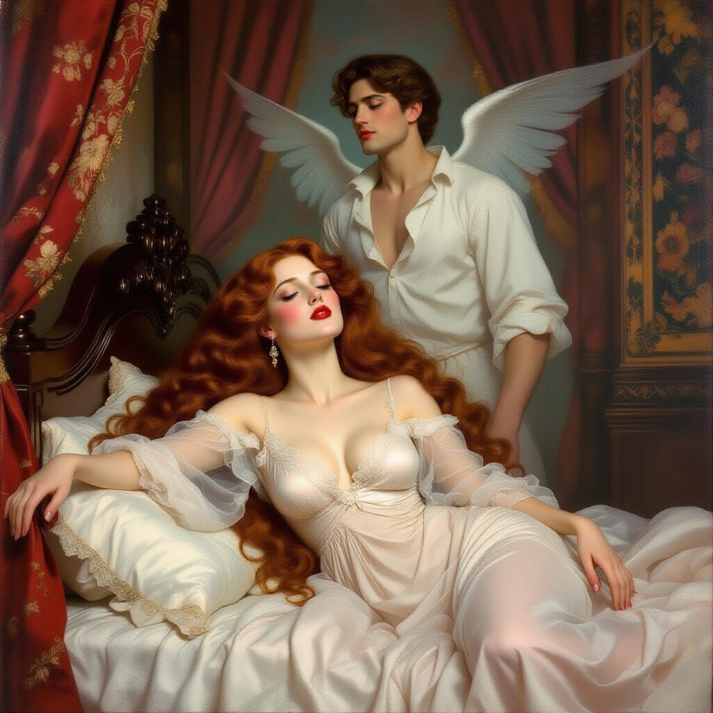 Beautiful woman lies on a Tudor four poser bed. Her lustrous long auburn hair lies in cascades around her head, She is wearing a long neglig...