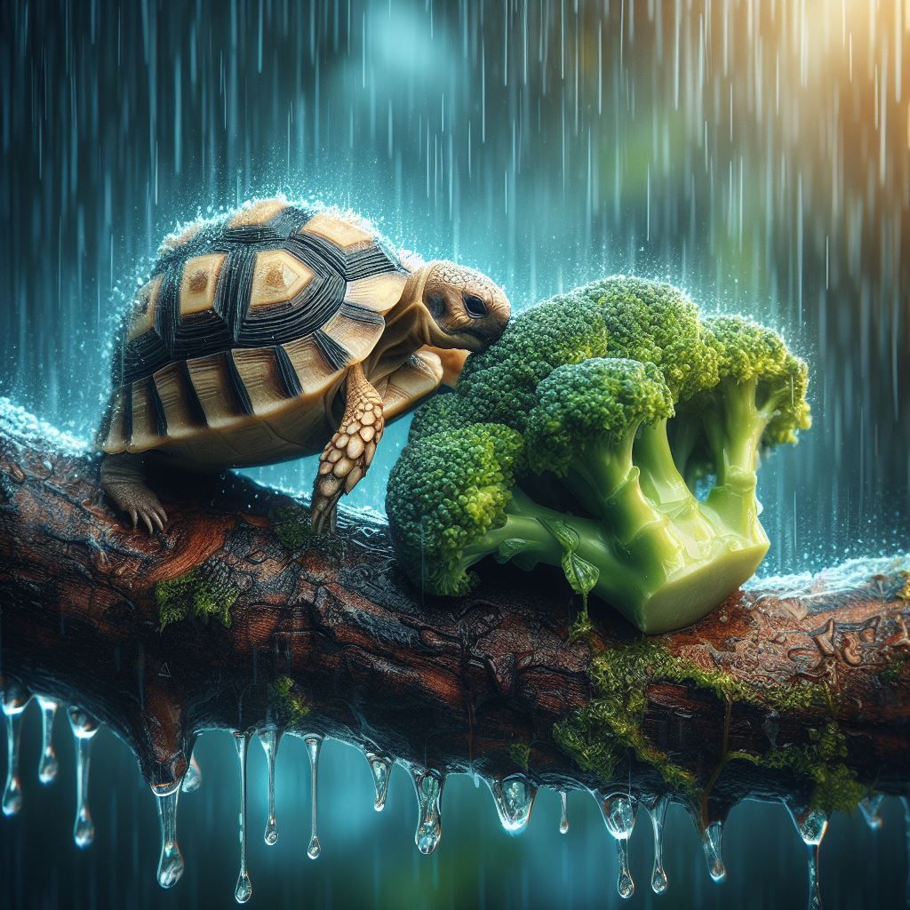 Little tortoise pushing broccoli out of a a tree (not what I...
