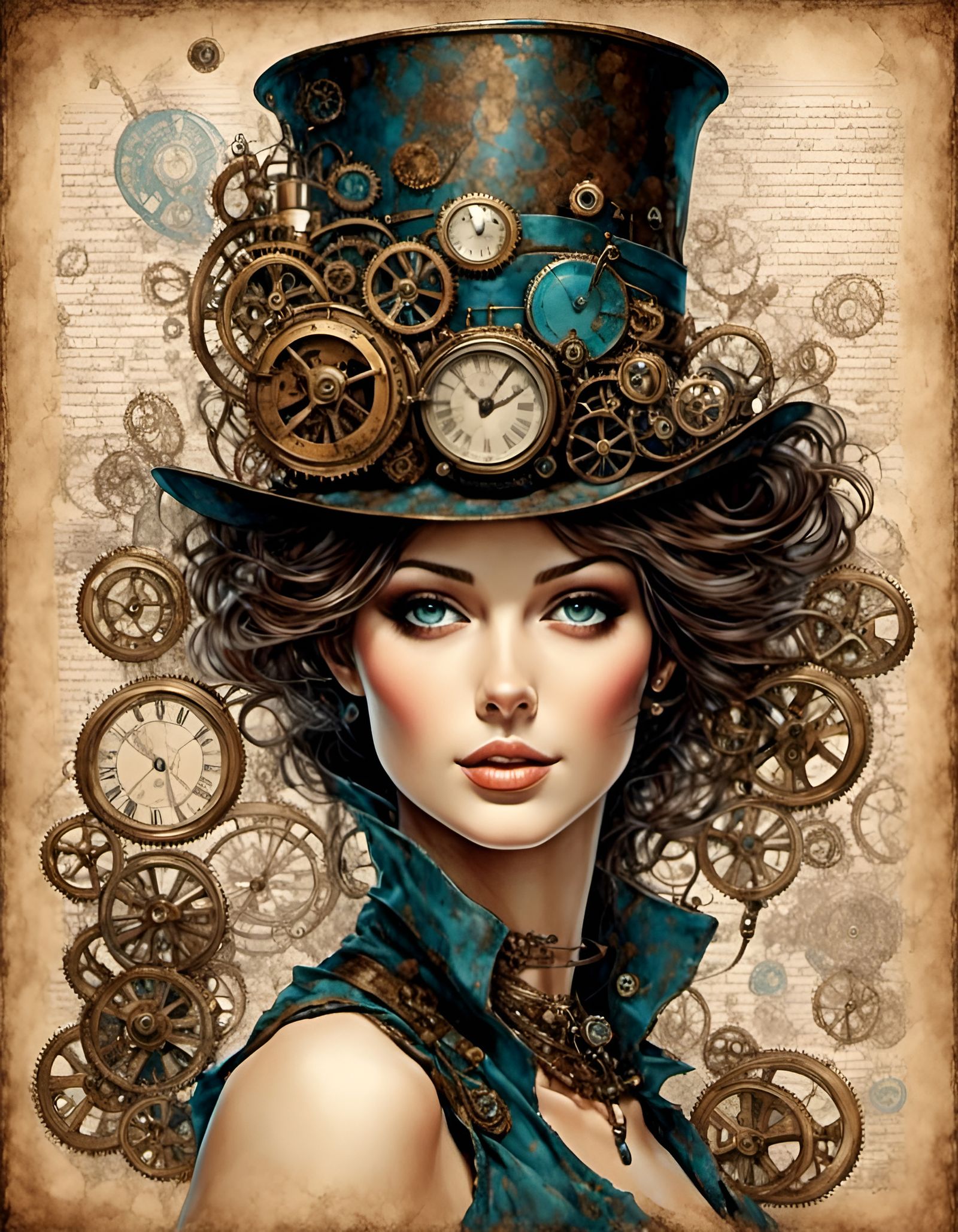 <lora:Steampunk-Sketch:1.0> woman, steampunk, vintage paper 