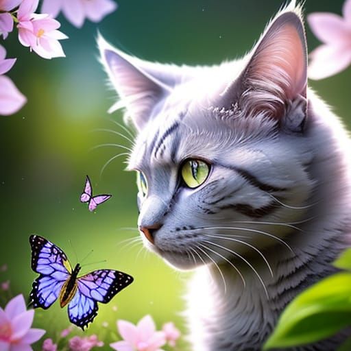 Surreal Cat With Expressive Eyes Watches Butterfly
