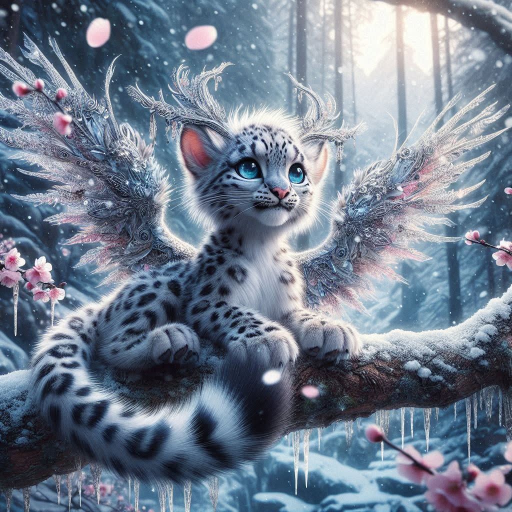 Winged Snow Leopard cub in an icy forest (2)