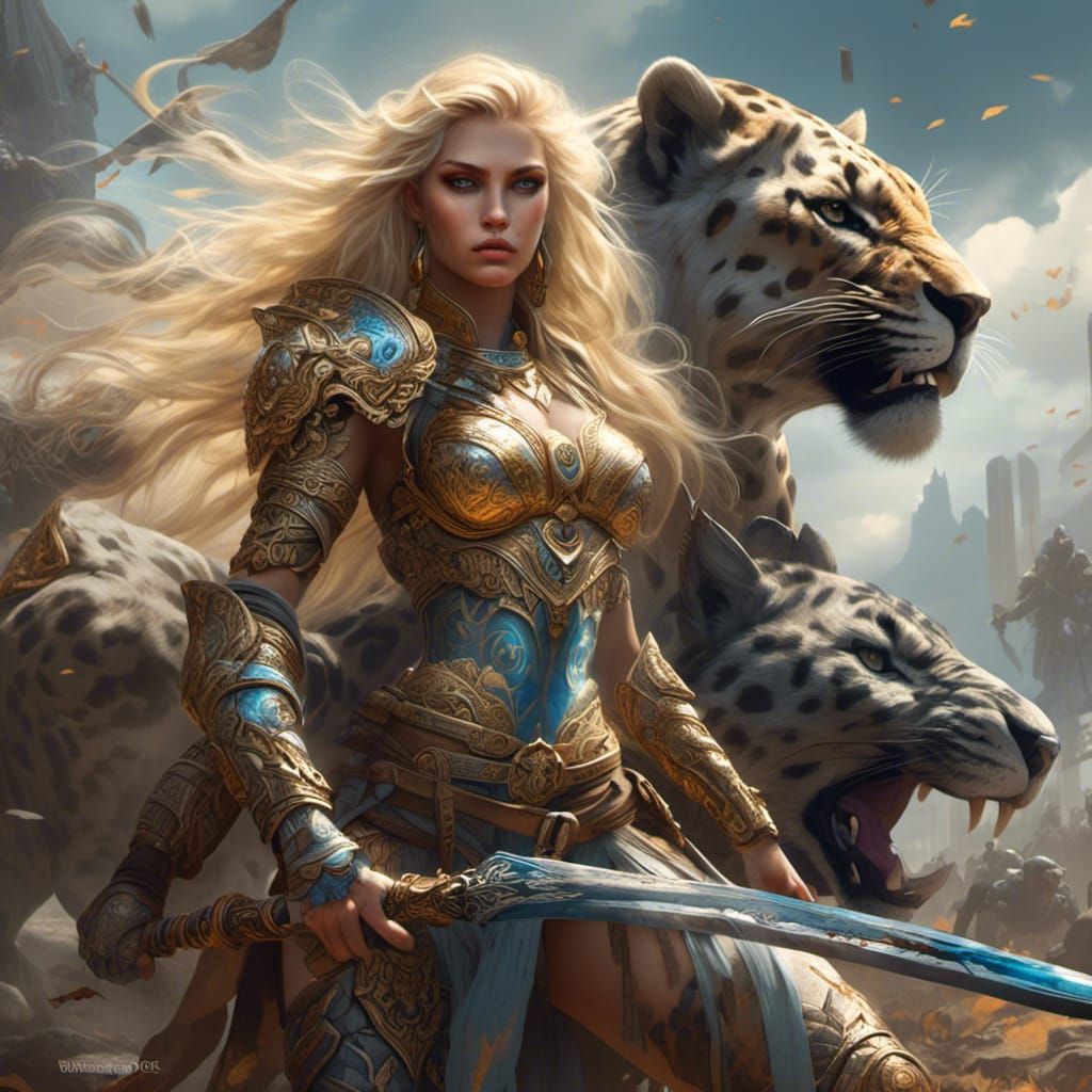 Warrior Woman Guarded by Jaguars: Detailed Fantasy Art