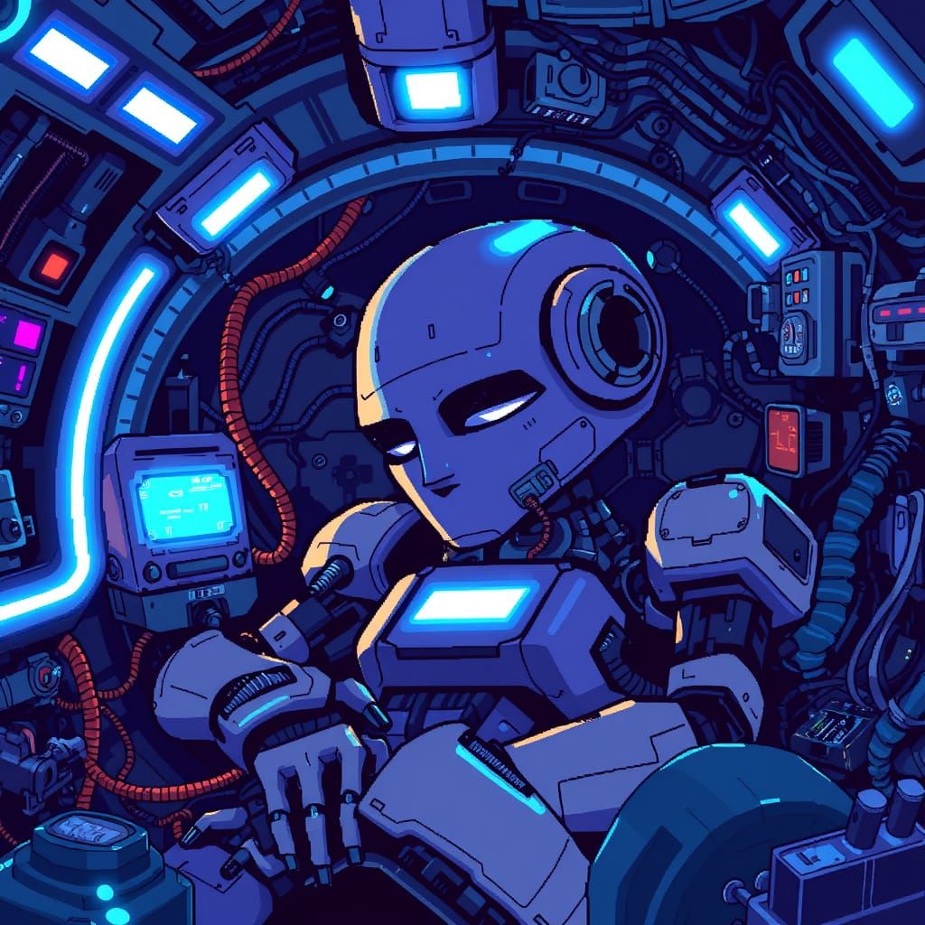 Pixelated Robot Slumbers in Futuristic Lair