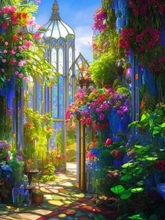 Stained glass greenhouse - AI Generated Artwork - NightCafe Creator