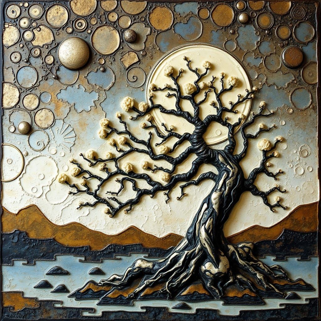 encaustic style painting otherworldly landscape with twisted bonsai   by @Timmy Contraros