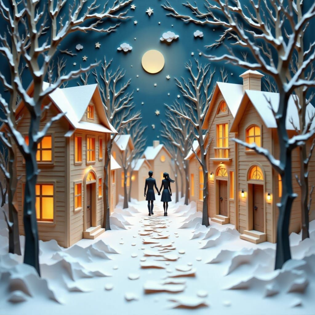 Layered Paper Art Winter Village with Figures