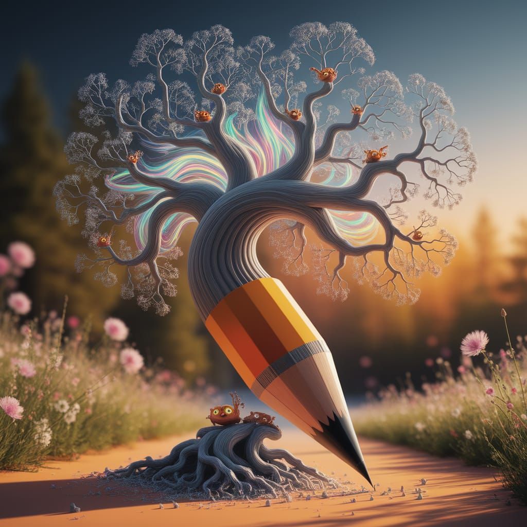 Surrealism, beautiful, hyperdetailed, warm, soft colors. A colossal tree grows from a single, sharpened pencil, its trunk formed from the wo...