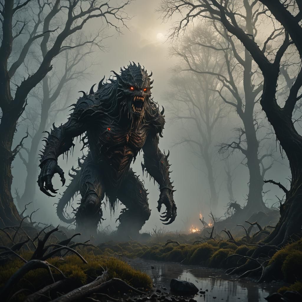 a hypperrealistic horror monster in the fog