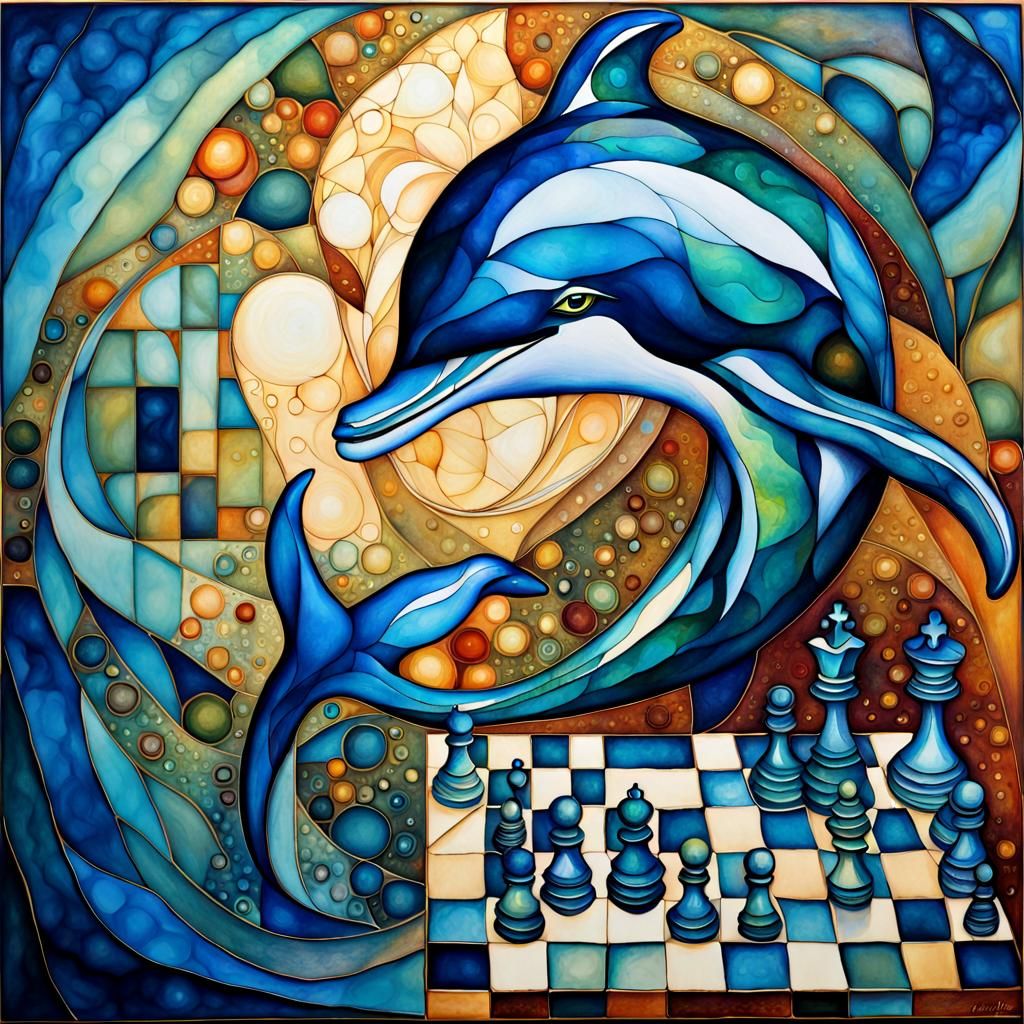 intelligent dolphin playing chess with Poseidon  by @Staircase Flash