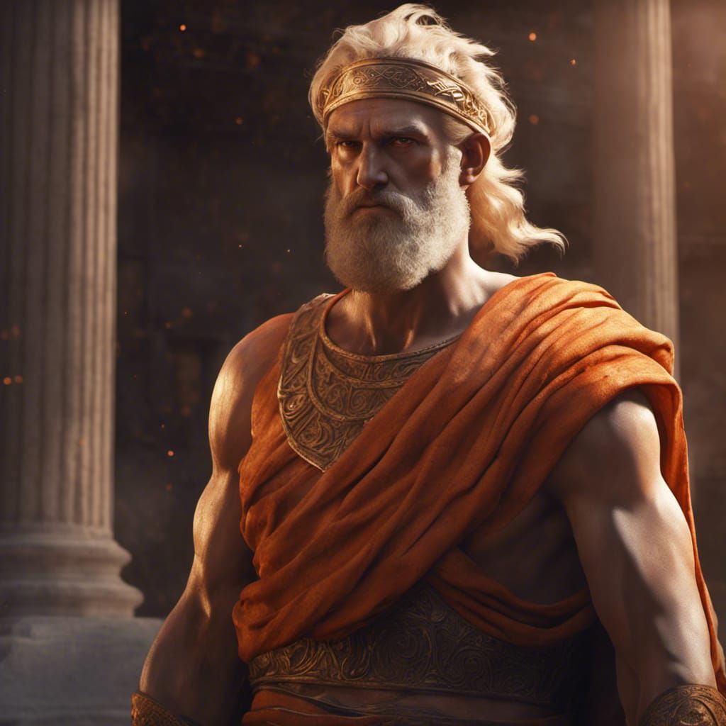 an ancient Greek, blond and with half his face burned for a ...