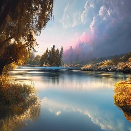 Incredibly realistic river, ethereal fantasy image, coherent awesome details, perfect composition, incredible reflections, HDR, DSLR, 64 meg...