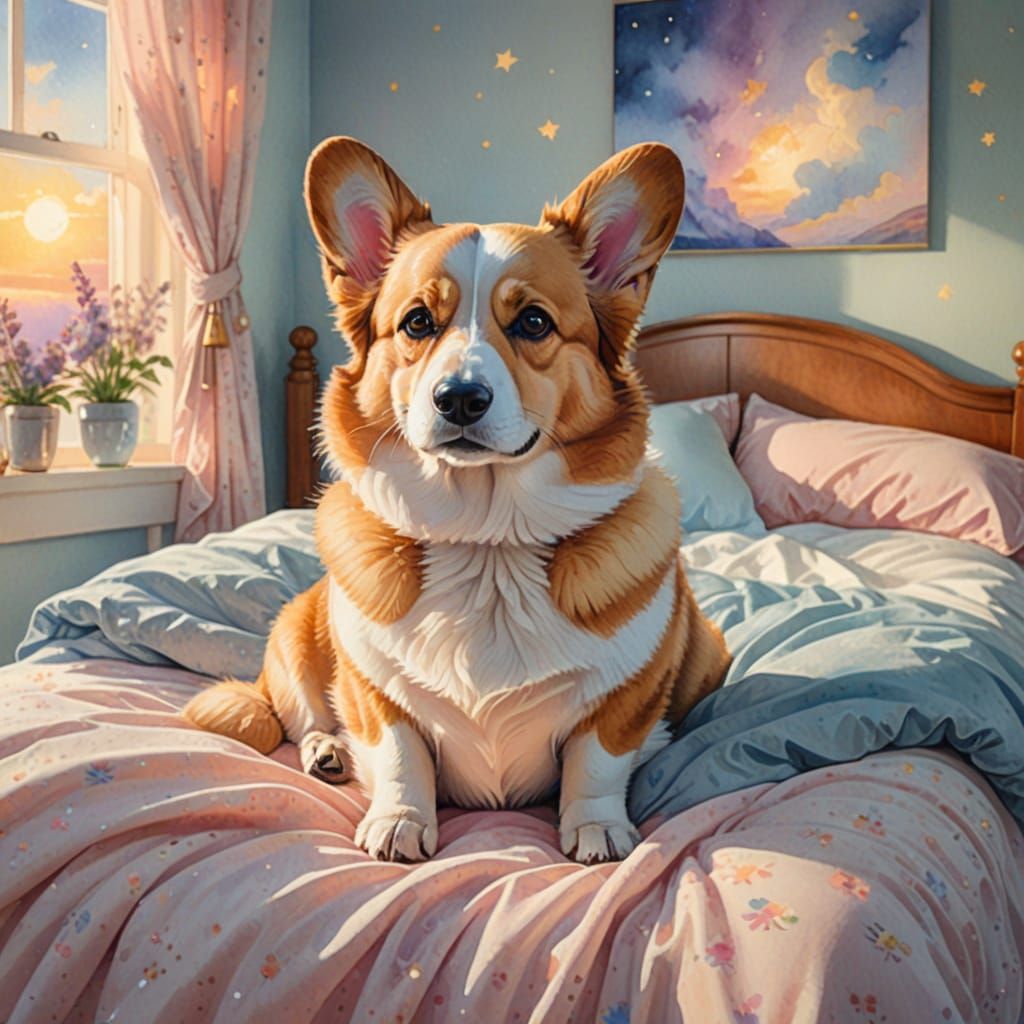 A corgi sits on a bed   by @nizamloki