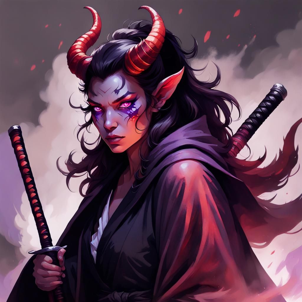A female Tiefling with shoulder length white hair in a bob c...