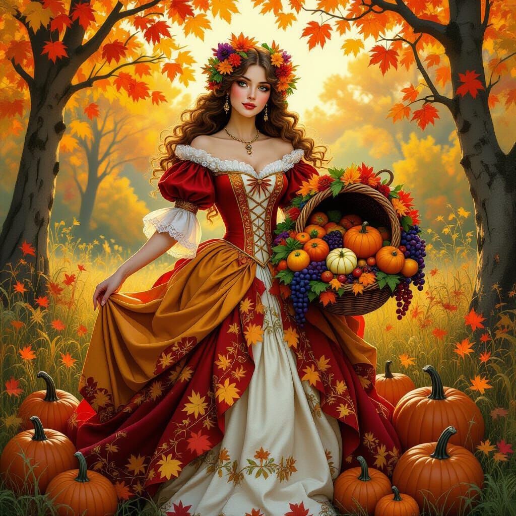 Autumn harvest queen art vibrant colorful whimsy hyper detailed perfect lighting   by @GraveyardsAndTakeout