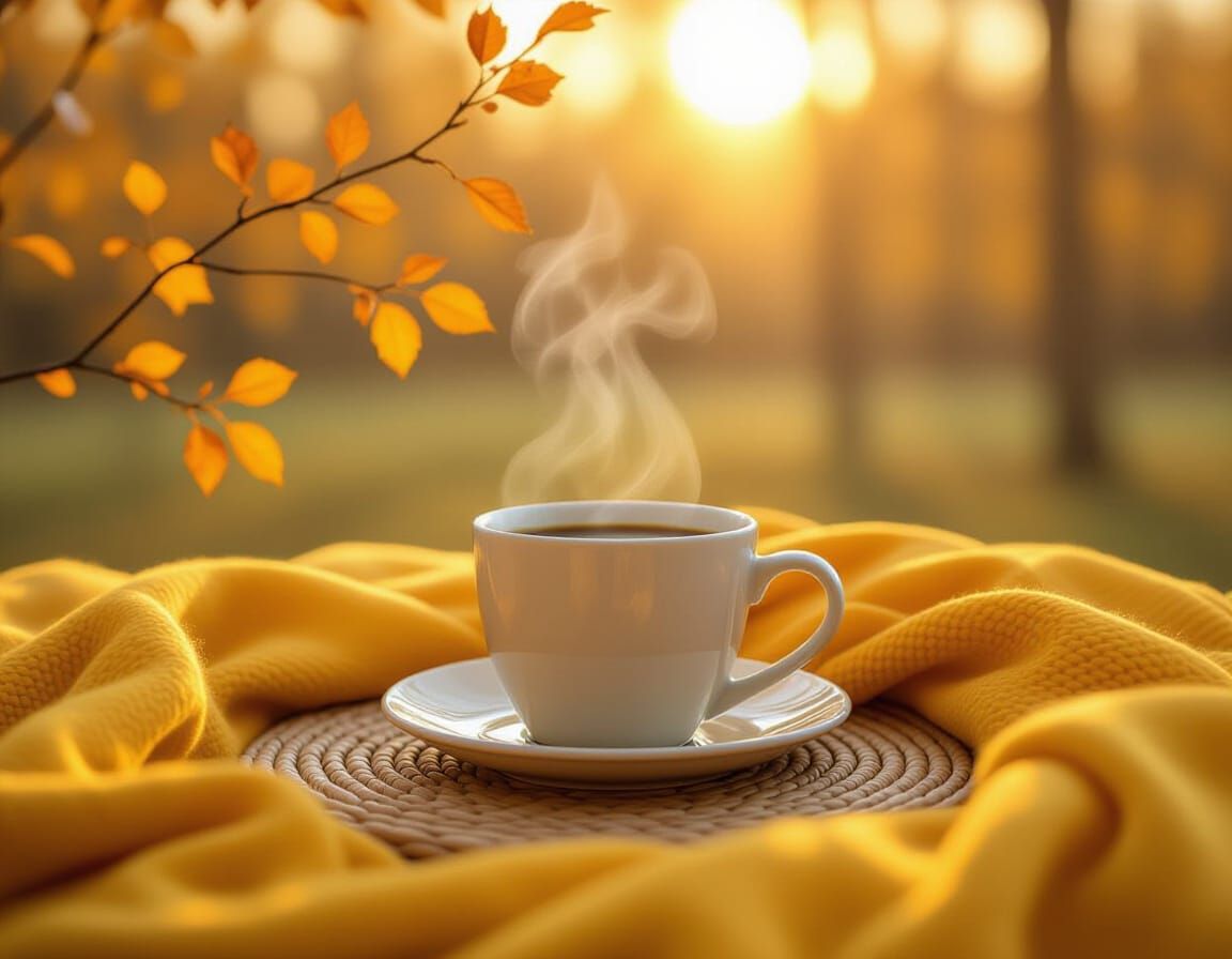 A cozy autumn morning scene with a cup of coffee or tea on a woven mat surrounded by warm yellow fabric and delicate autumn branches with sm...