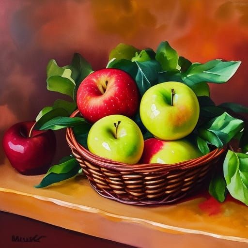 A bushel of apples in a basket sitting on the kitchen counter in Gouache Style, Watercolor, Museum Epic ...  by @Rhyder