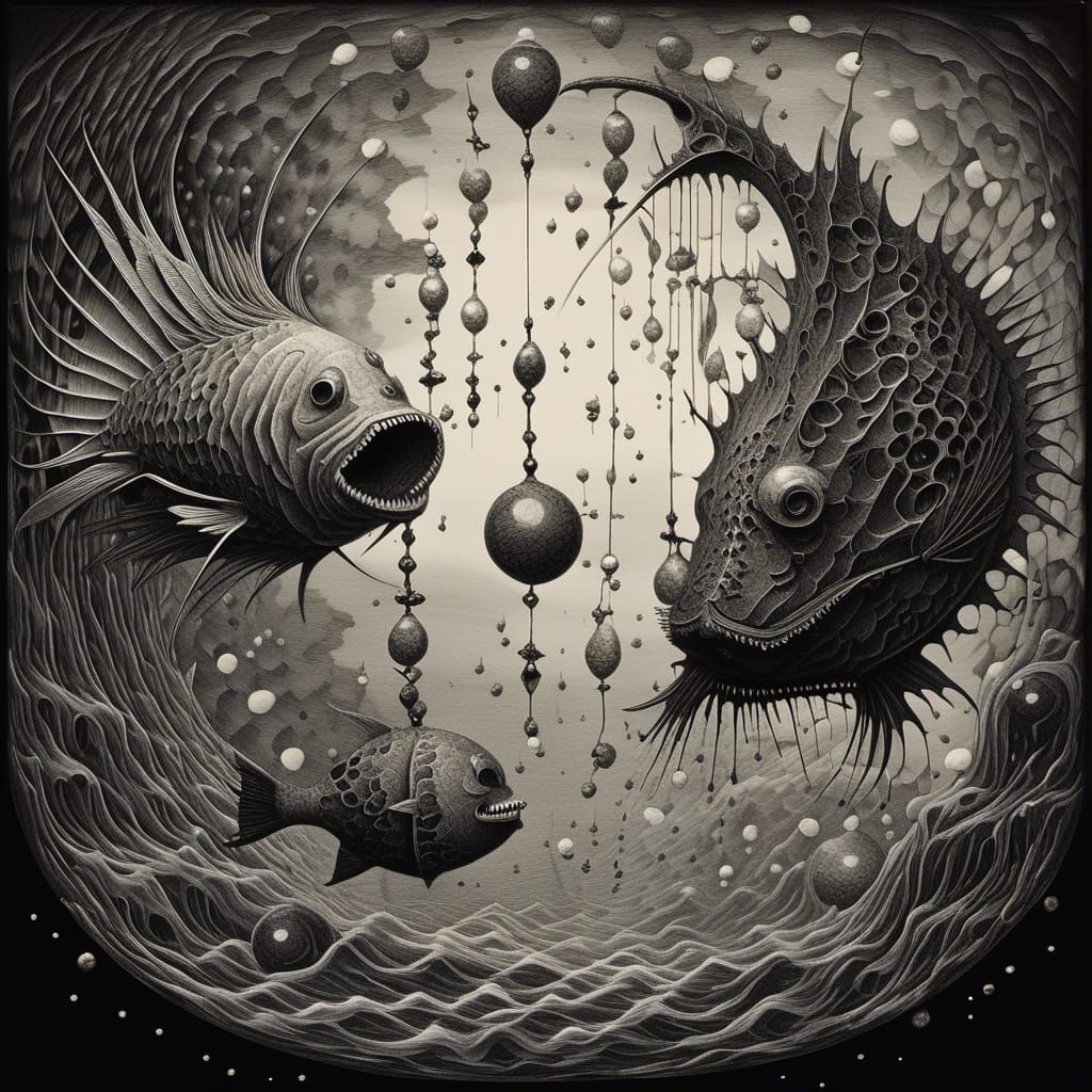 anglerfish with skeletal scales swimming through portals in time and space :: crystal mosaic :: japanese ink art :: double exposure :: dual...