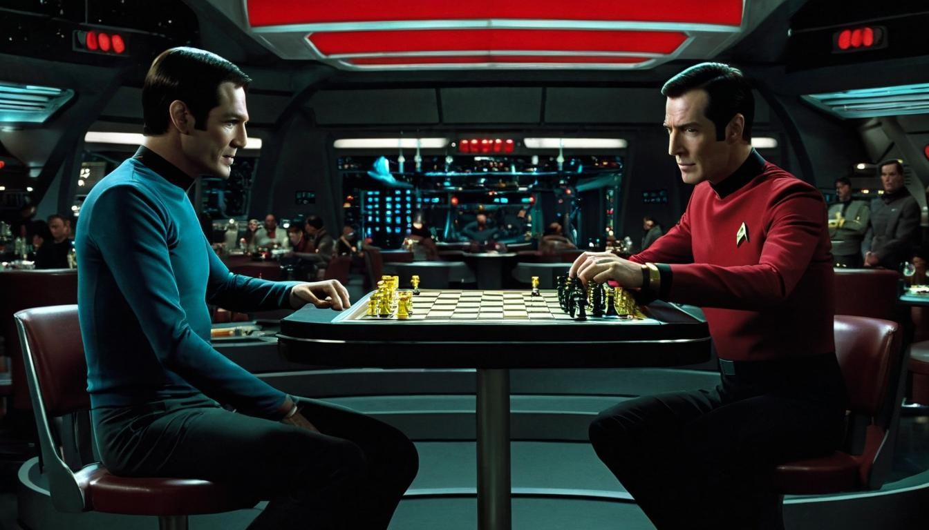 spock and data playing tri-dimensional chess in the bar of t...