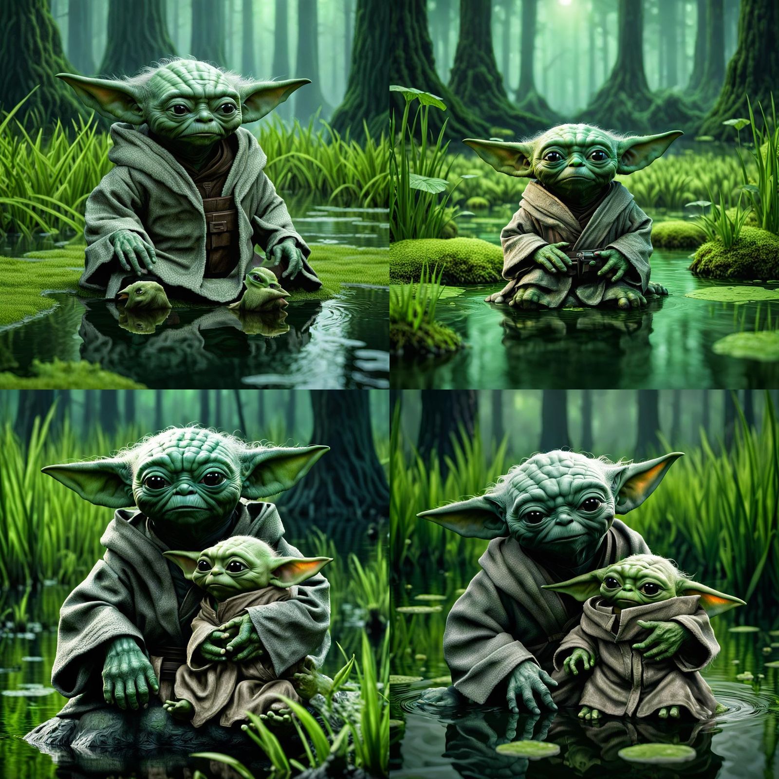 Yoda and Baby Yoda sitting in a green swamp, detailed, shades of green