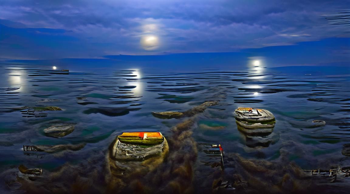 The night of a full moon reflects in a dead calm sea, hyperr...