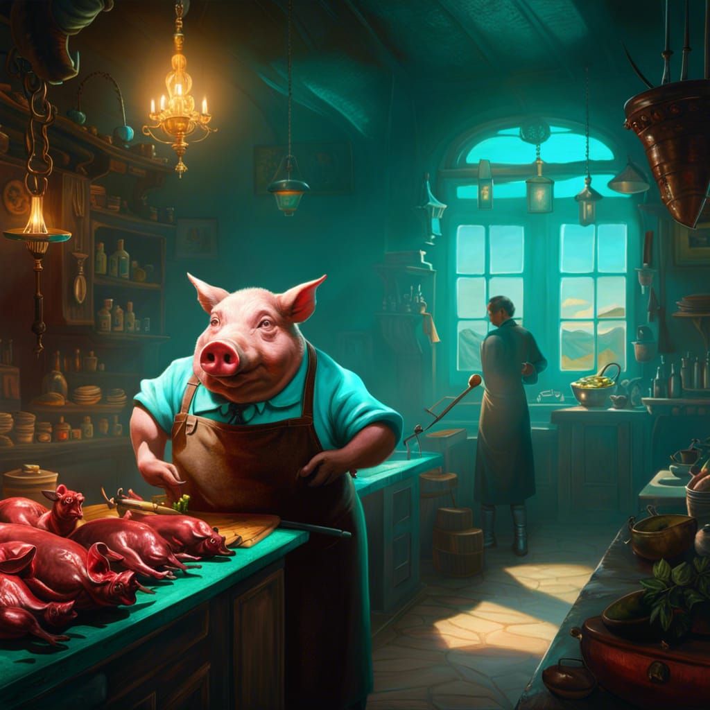 Horror, The butcher pig with the pig's head in an apron can ...