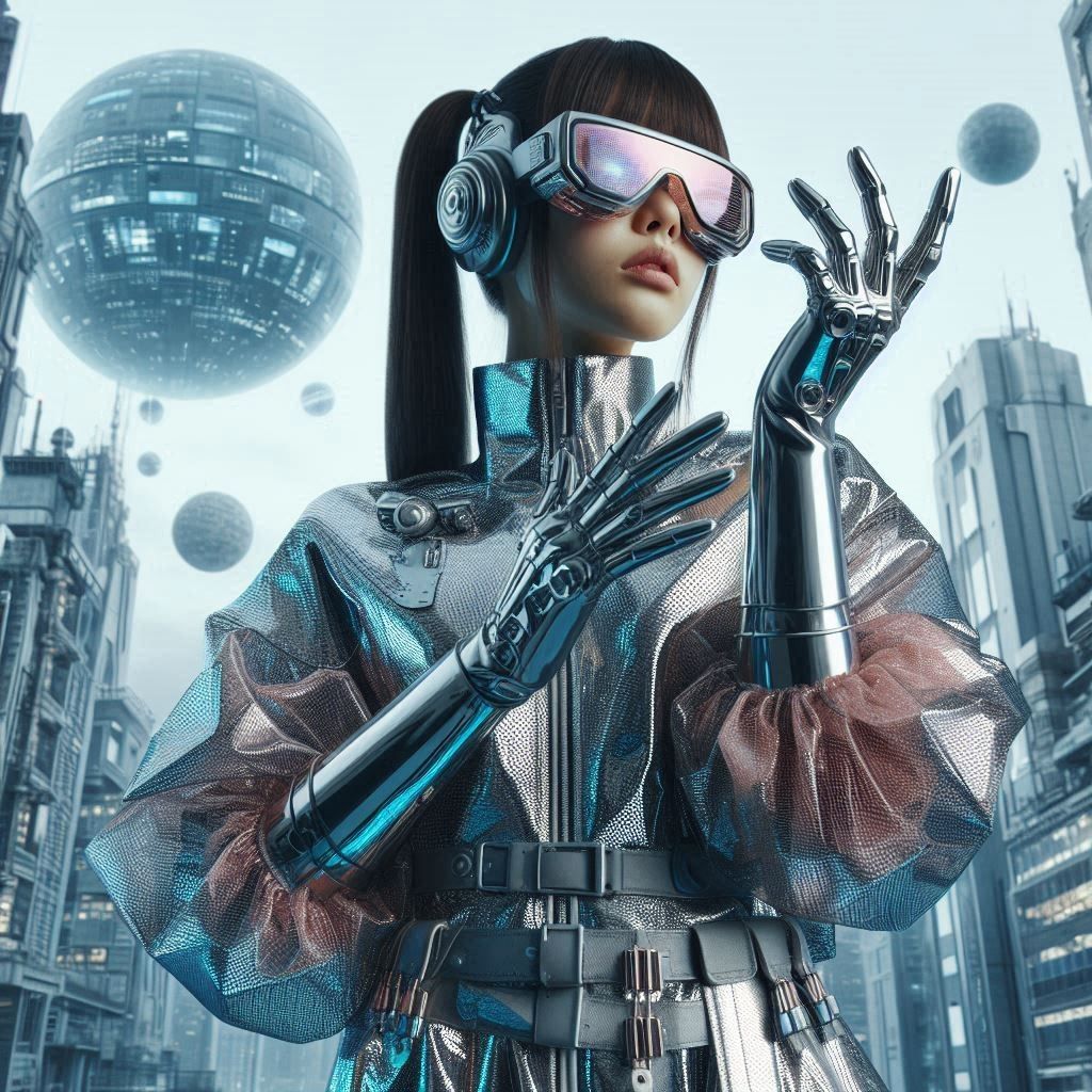 Young asian Woman with a shiny costume, safety goggles and shiny gloves standing in a futuristic city, with a spaceship ...