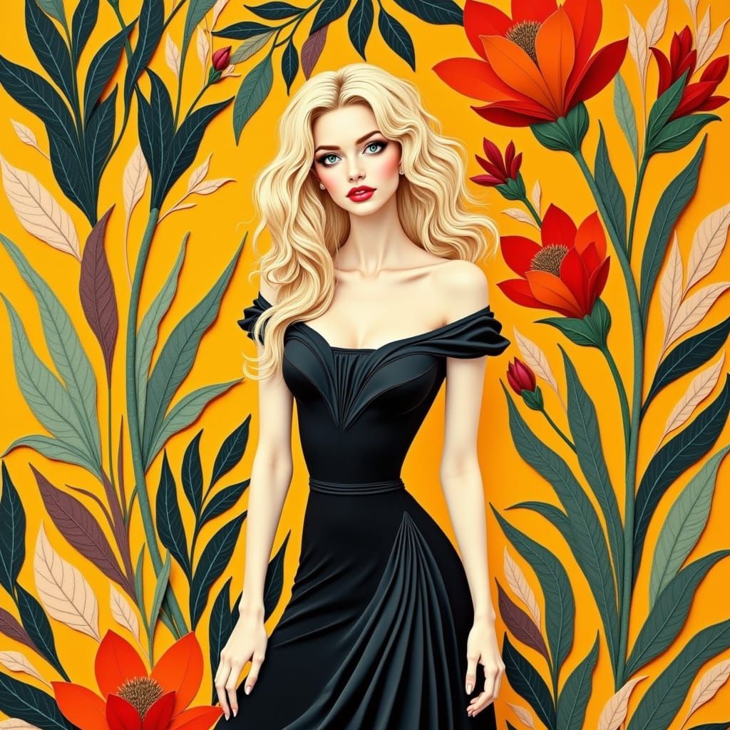 <lora:PaperCutBeauties:0.5>Full body shot of a beautiful woman with blonde hair, Matisse's decoupage works, clean-edged shapes, Beautiful, F...