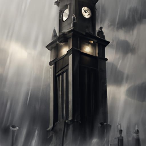 Big Glossy clock tower in rain