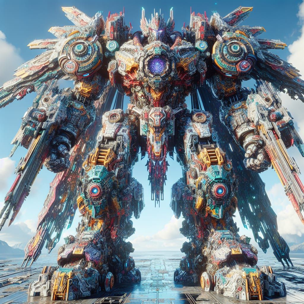 A wide angle Hyperrealistic of a gigantic mech suit wearing ...