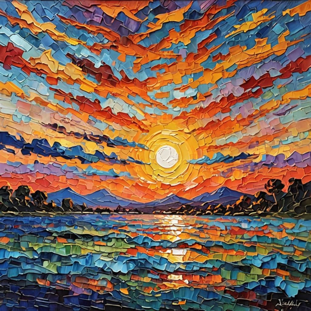 Impressionist, impasto multi coloured sunset